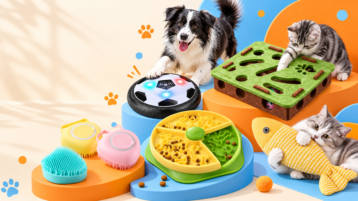 Happy dog and cats with colorful PETBASKET pet finds under $5