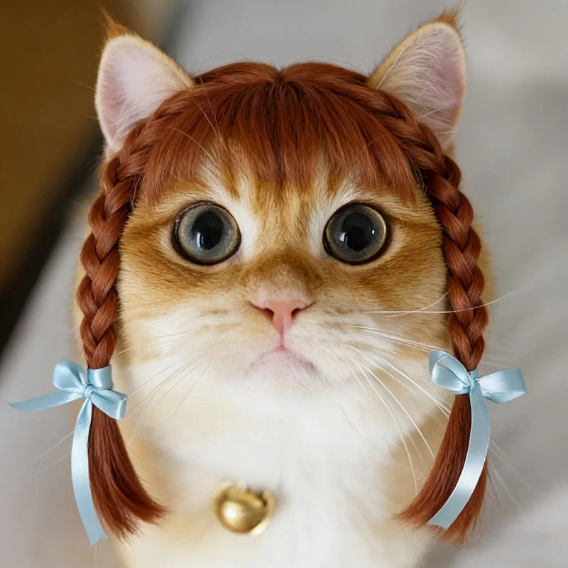 Pet Double Braids Wig Headpiece Hand Washable Costume Accessory for Small Dogs Cats Party Themed Photo Props