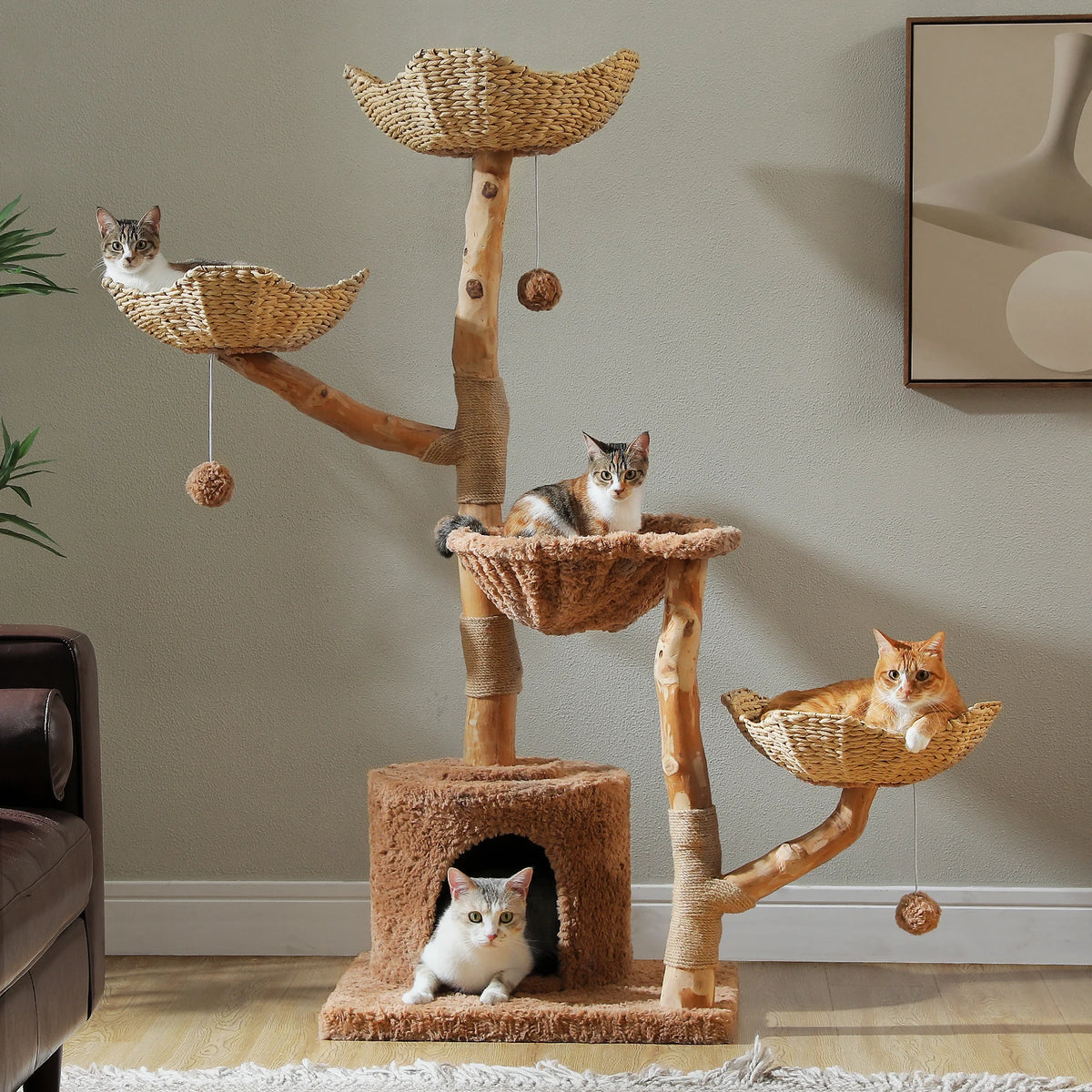 Large Cat Tree with Wicker Basket Bed