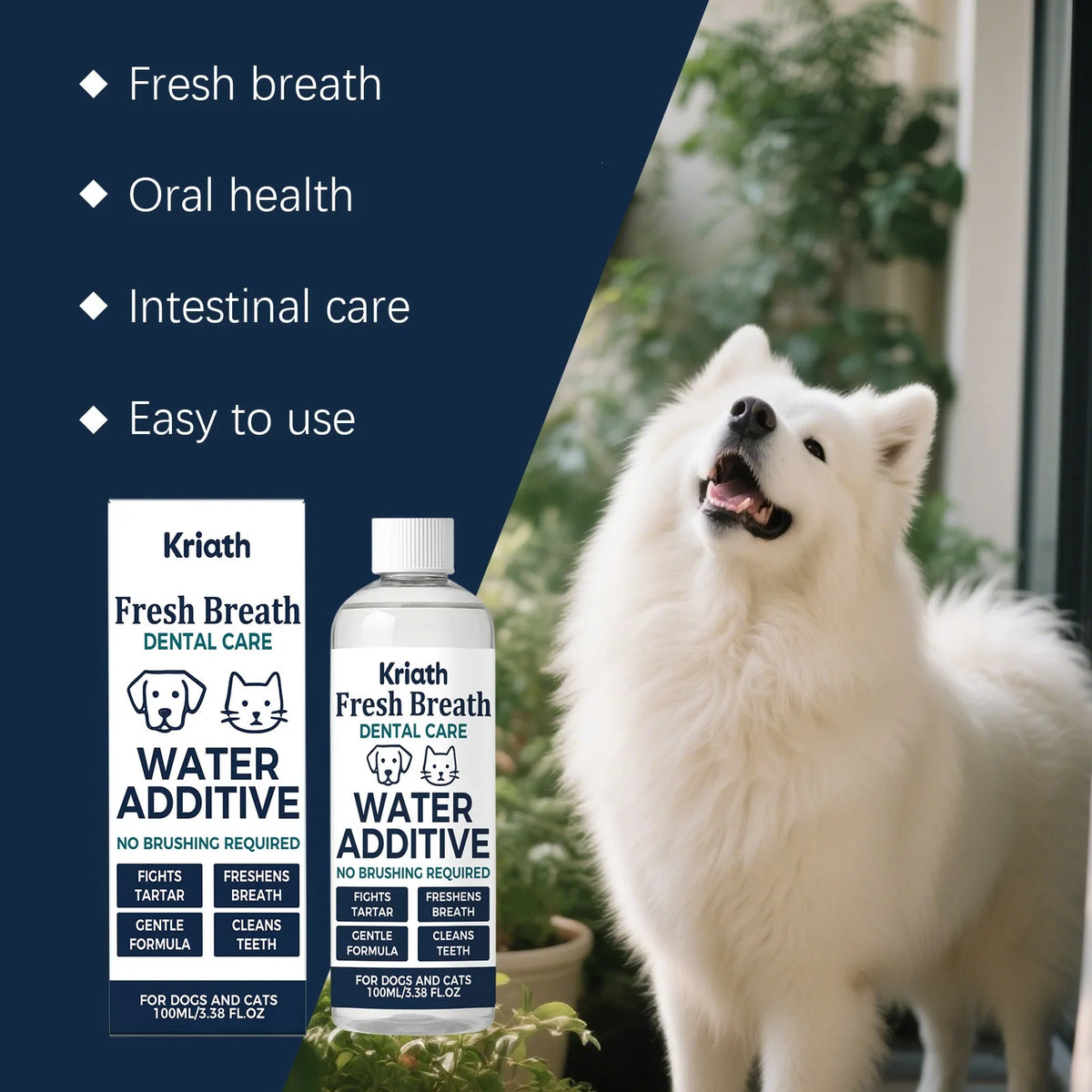 100ml Dog Cat Bad Breath Treatment Dental Water Additive Plaque Tartar Control No Brushing Teeth Cleaner Pet Oral Hygiene Solution Mouthwash Freshener for Puppy Kitten Daily Care Remover Natural Safe Effective Easy to Use Dro