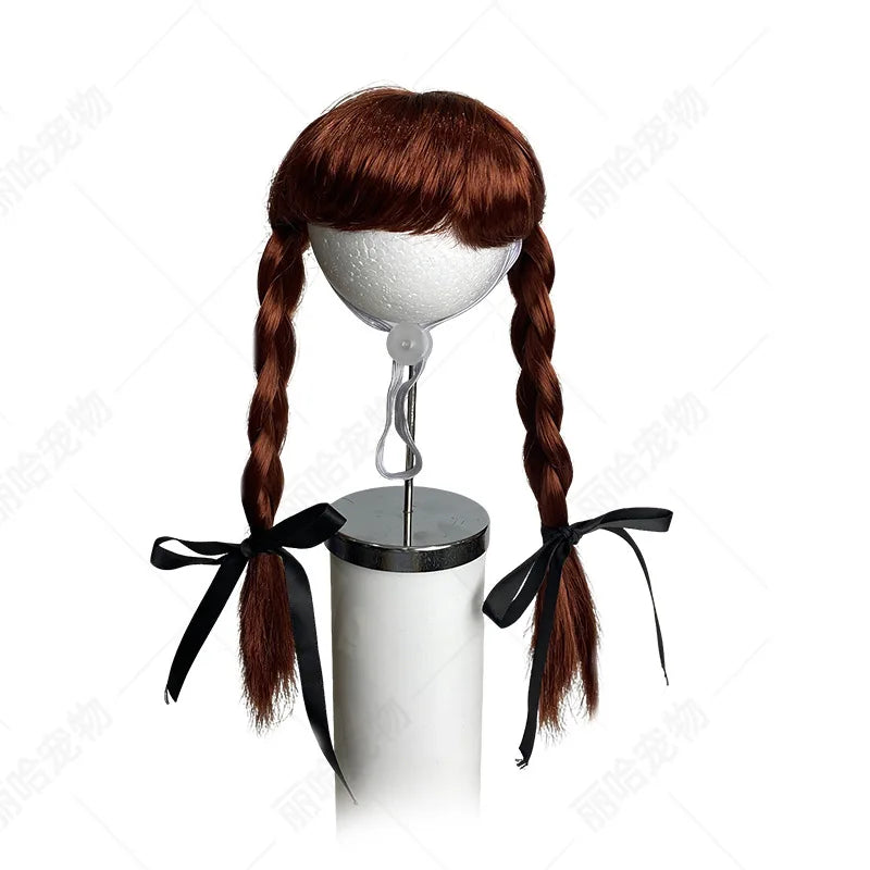 Pet Double Braids Wig Headpiece Hand Washable Costume Accessory for Small Dogs Cats Party Themed Photo Props