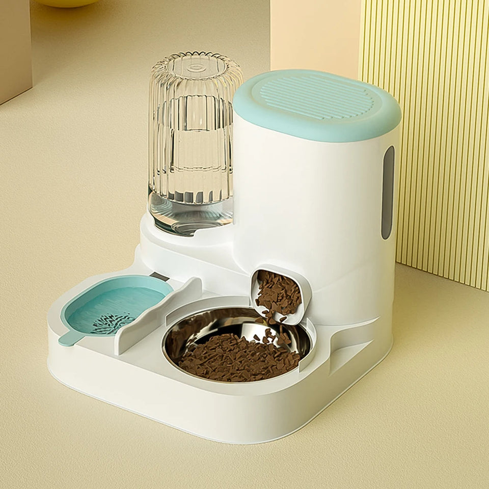 2-in-1 Automatic Pet Feeder & Water Dispenser with Stainless Steel Bowls, Siphon Replenishing & Hair Filter for Cats & Dogs
