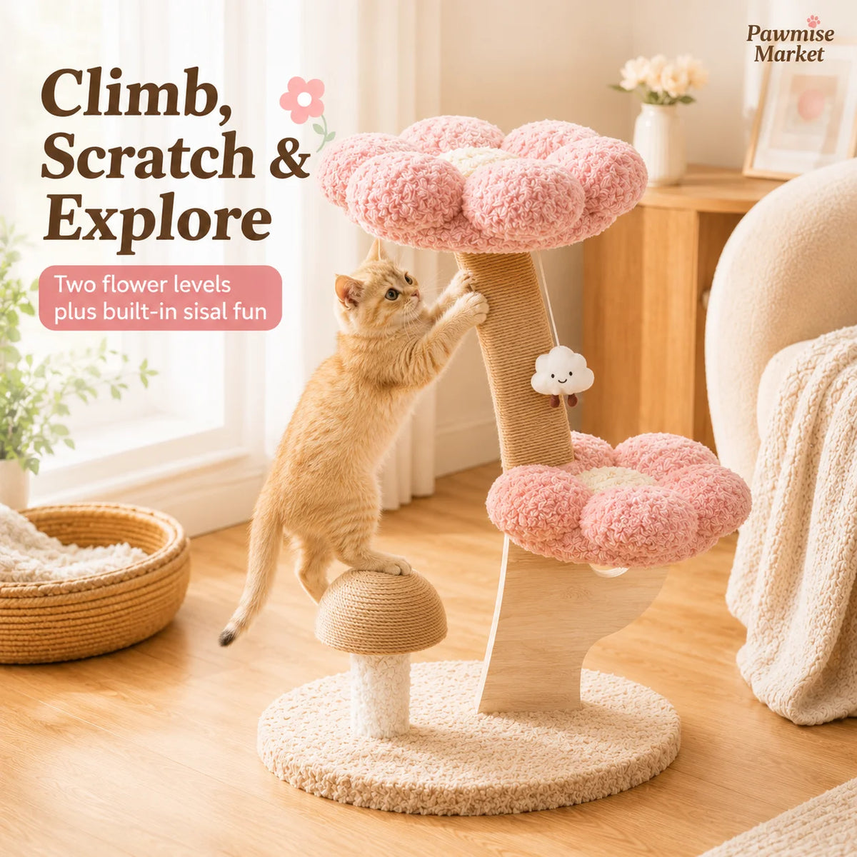Pink Flower Cat Tree with Scratching Post