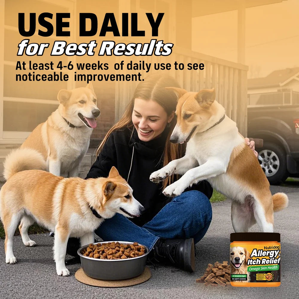 NUTRIDOG Dog Allergy Itch Relief Chews Omega-3 Vitamin C Support Skin For Dog Immune Health Supplement Nutrition 90 PCS/Bottle