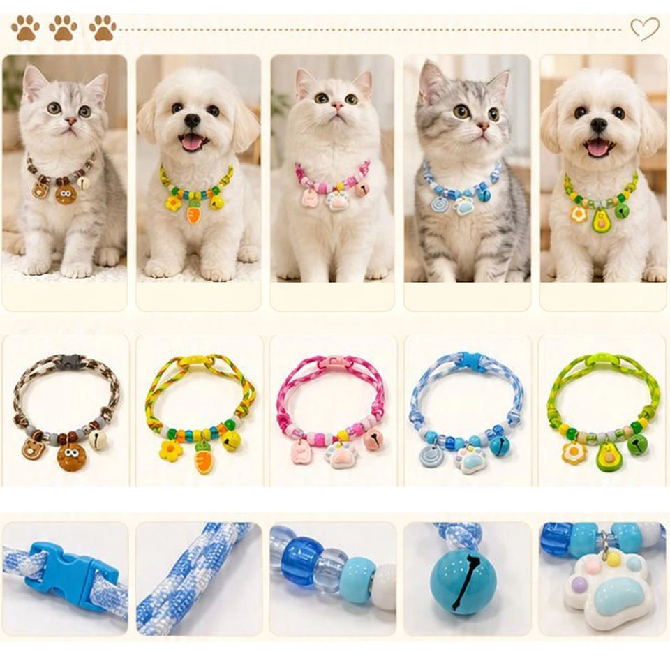 Kawaii Small Charm Pet Collar Colorful Braided Beaded Kitten Puppy Necklace With Bell Adjustable Safety Buckle Pet Decor Collar