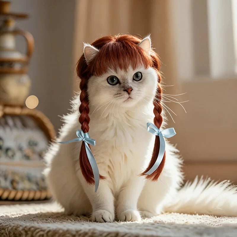 Pet Double Braids Wig Headpiece Hand Washable Costume Accessory for Small Dogs Cats Party Themed Photo Props