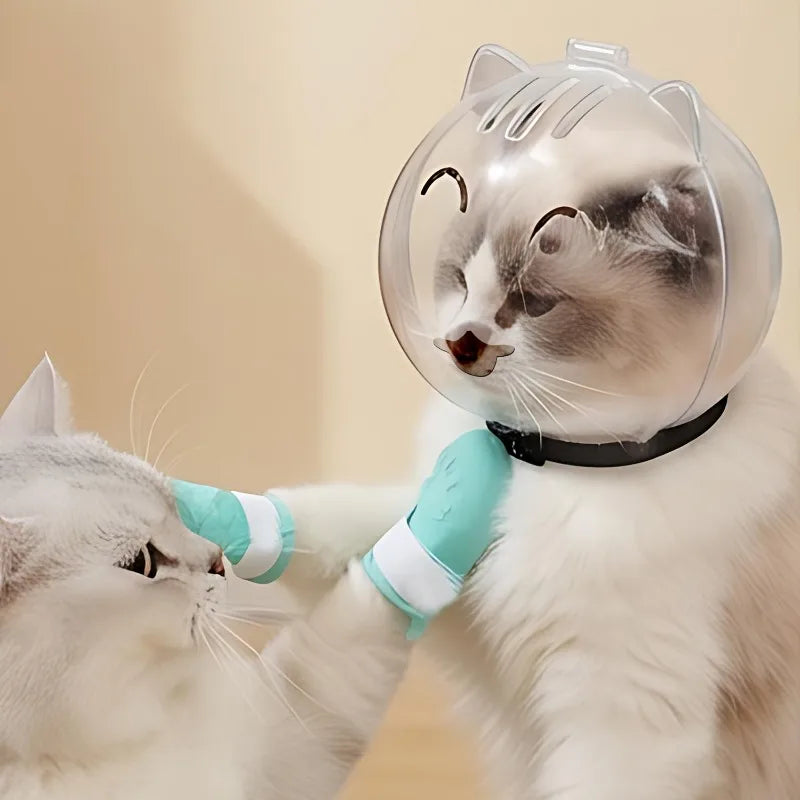 Cat Head Cover Pet Grooming Cover Accessory Cat Anti Bite Anti Licking Space Hood Breathable Helmet with 4 Silicone Paw Shoes