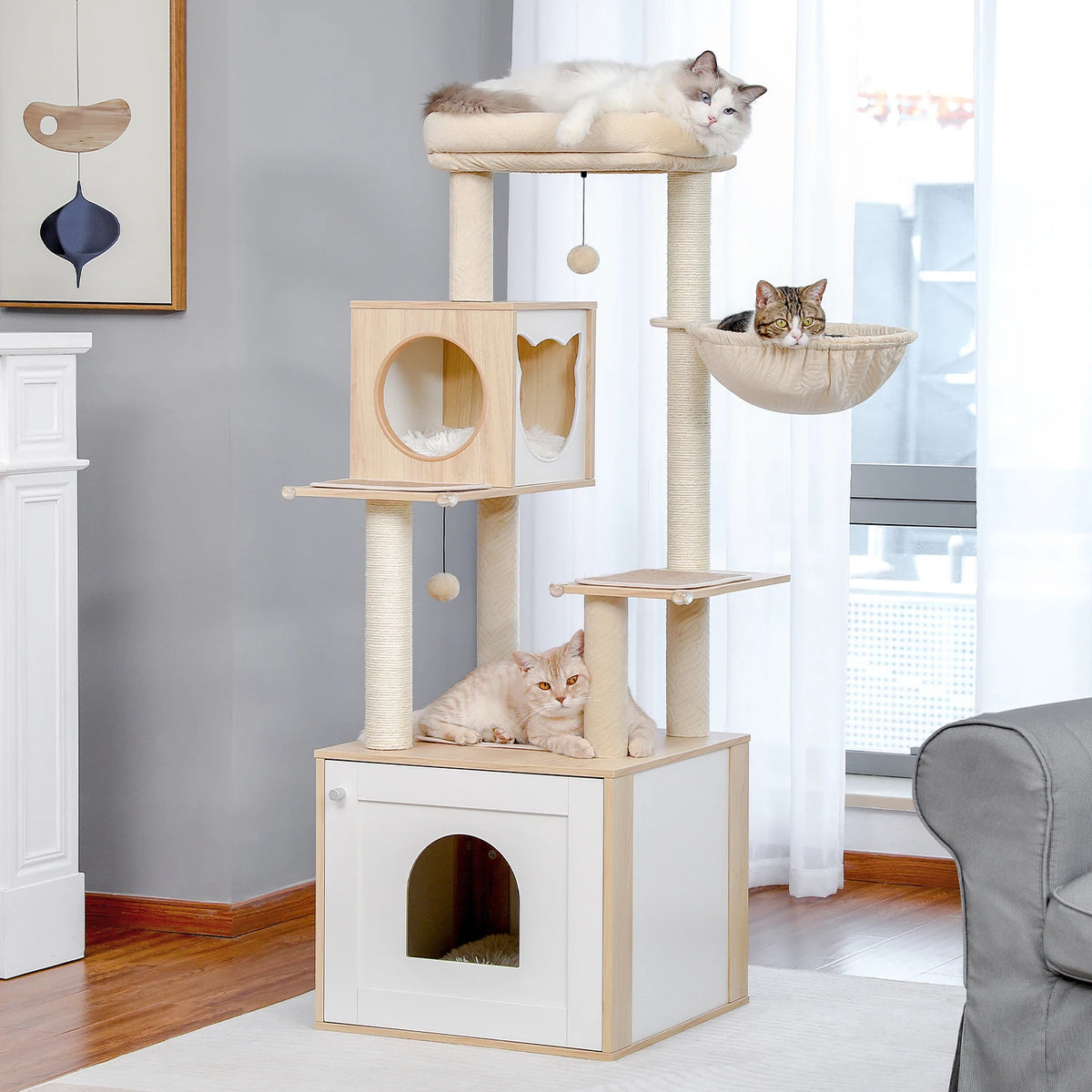 Multi-Level Wood Cat Tree with Condo & Hammock