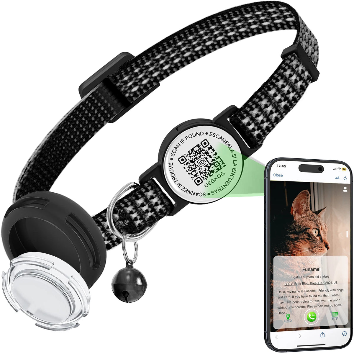 Anti-loss Cat Collar with Airtag Holder, Breakaway QR Code Tag Buckle, Adjustable kittens collar with for apple Air Tag case