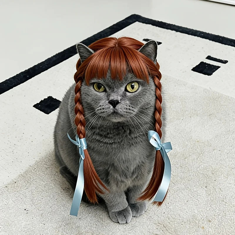 Pet Double Braids Wig Headpiece Hand Washable Costume Accessory for Small Dogs Cats Party Themed Photo Props