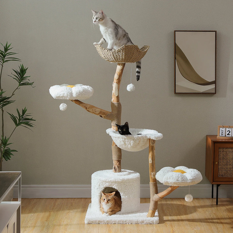 Large Cat Tree with Wicker Basket Bed