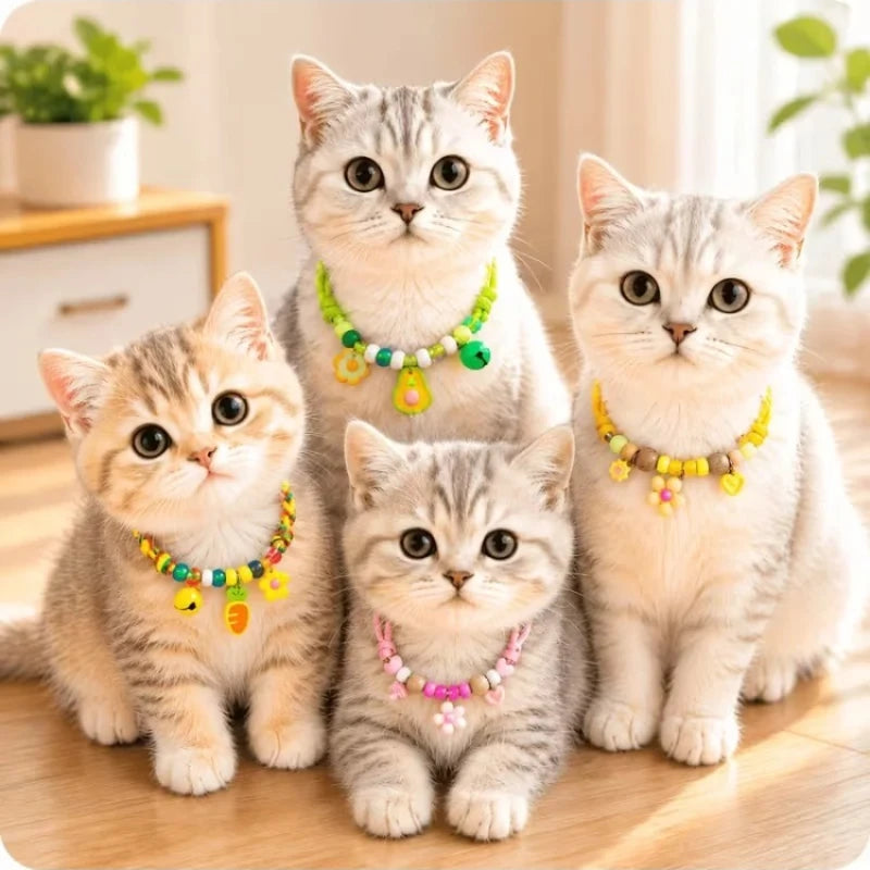 Kawaii Small Charm Pet Collar Colorful Braided Beaded Kitten Puppy Necklace With Bell Adjustable Safety Buckle Pet Decor Collar