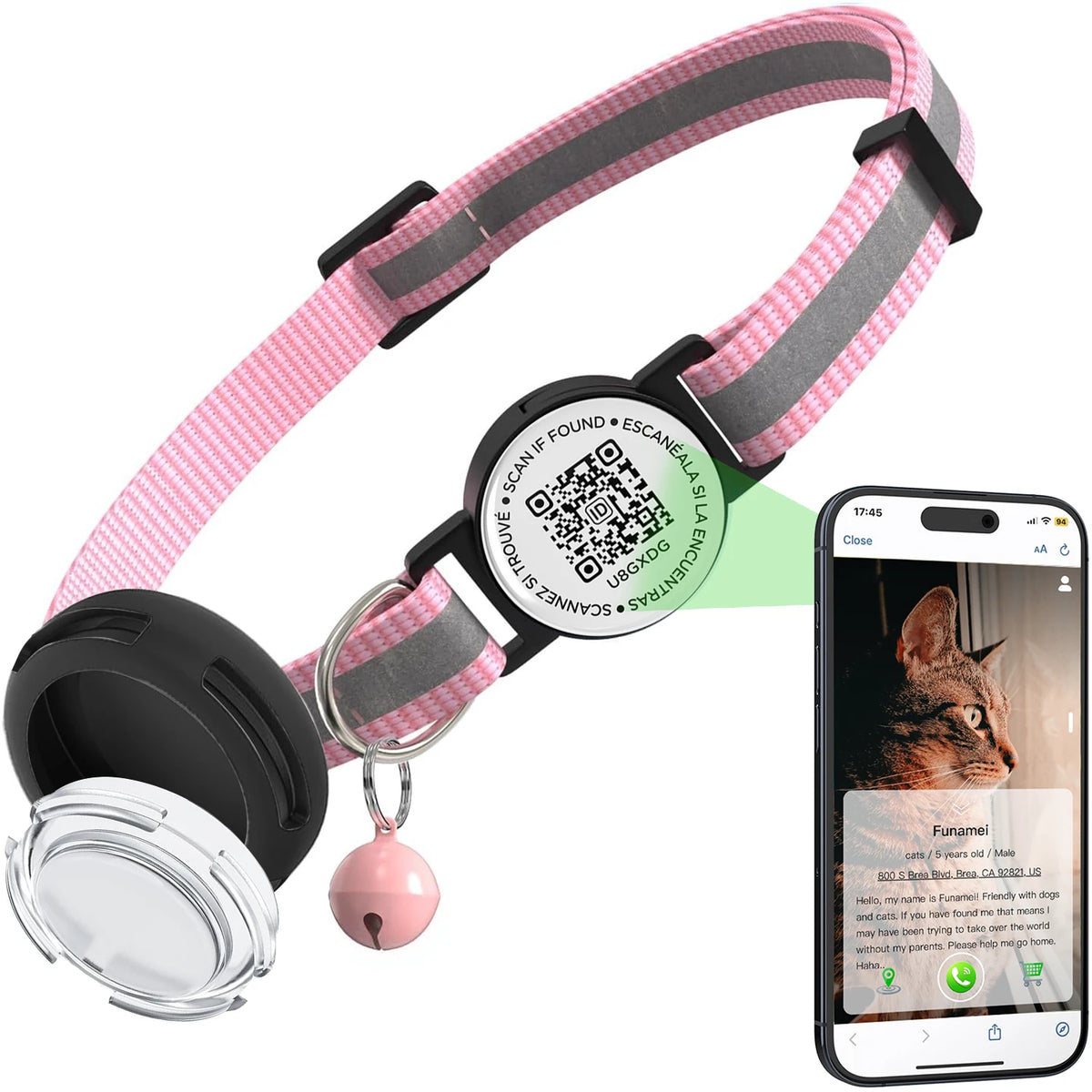 Anti-loss Cat Collar with Airtag Holder, Breakaway QR Code Tag Buckle, Adjustable kittens collar with for apple Air Tag case