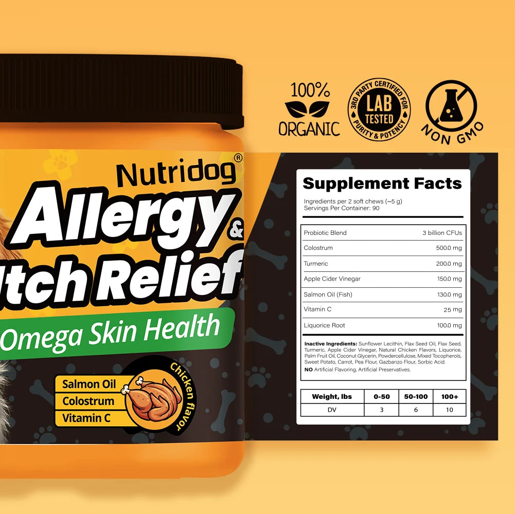 NUTRIDOG Dog Allergy Itch Relief Chews Omega-3 Vitamin C Support Skin For Dog Immune Health Supplement Nutrition 90 PCS/Bottle