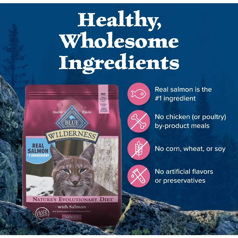 Blue Buffalo Wilderness Natural High Protein Dry Food for Adult Cats, Salmon, 9.5-lb Bag