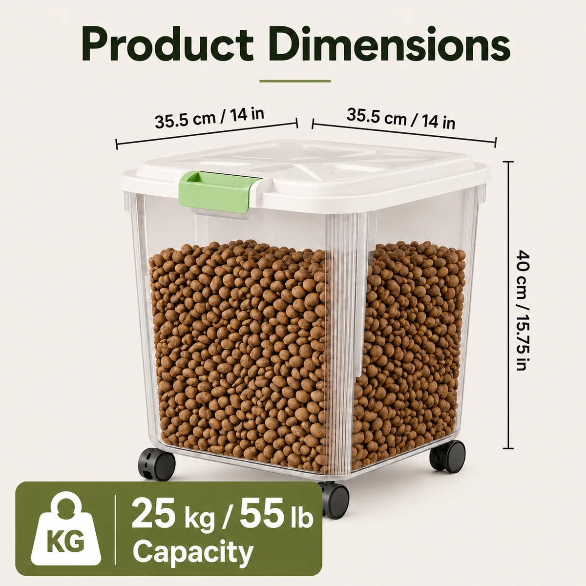 55Lbs Airtight Pet Food Storage Container with Wheels, Large Capacity Sealed Dog Cat Food Bin with Measuring Cup, Moisture Proof Rolling Pet Dry Food Storage Bucket for Dog Kibble Treats