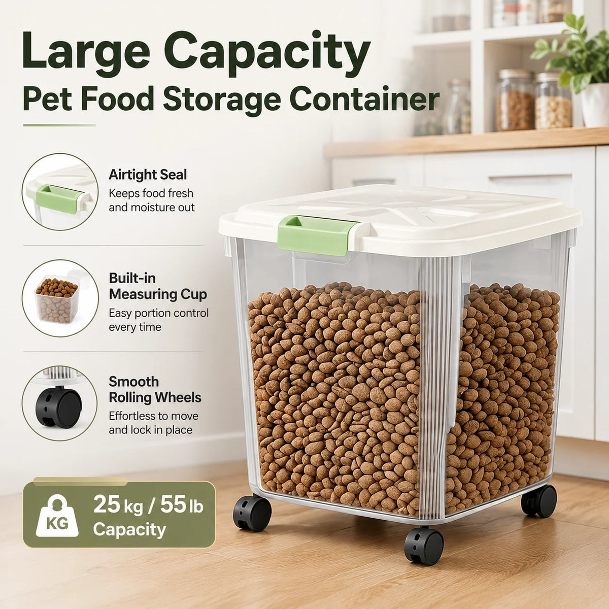 55Lbs Airtight Pet Food Storage Container with Wheels, Large Capacity Sealed Dog Cat Food Bin with Measuring Cup, Moisture Proof Rolling Pet Dry Food Storage Bucket for Dog Kibble Treats