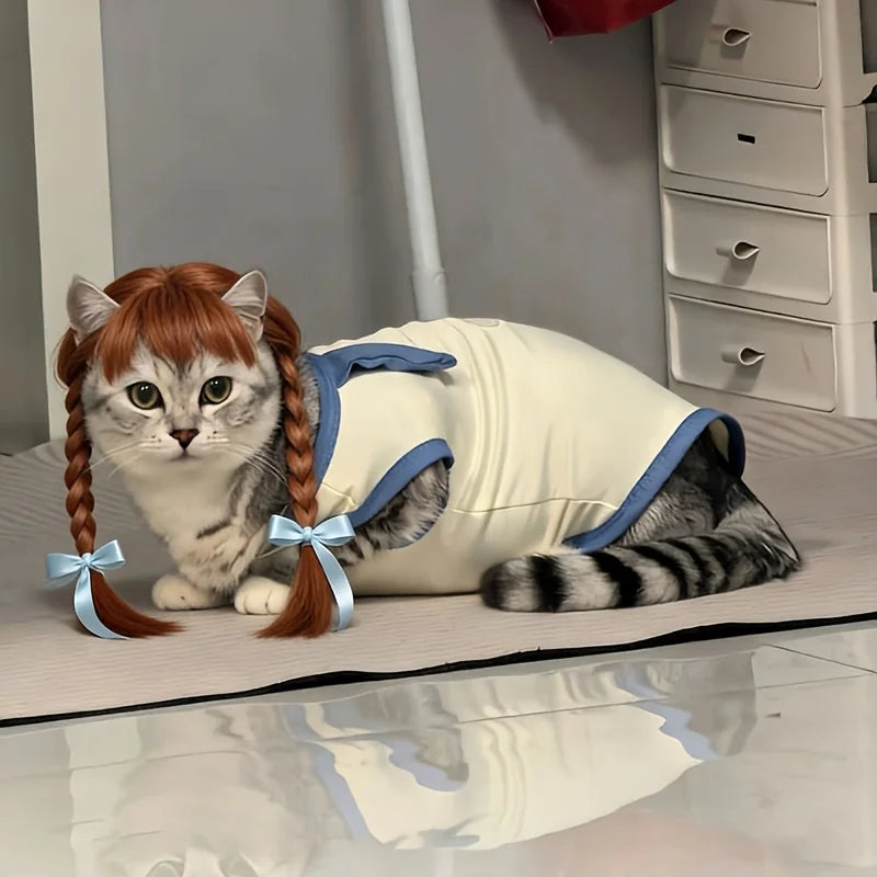 Pet Double Braids Wig Headpiece Hand Washable Costume Accessory for Small Dogs Cats Party Themed Photo Props