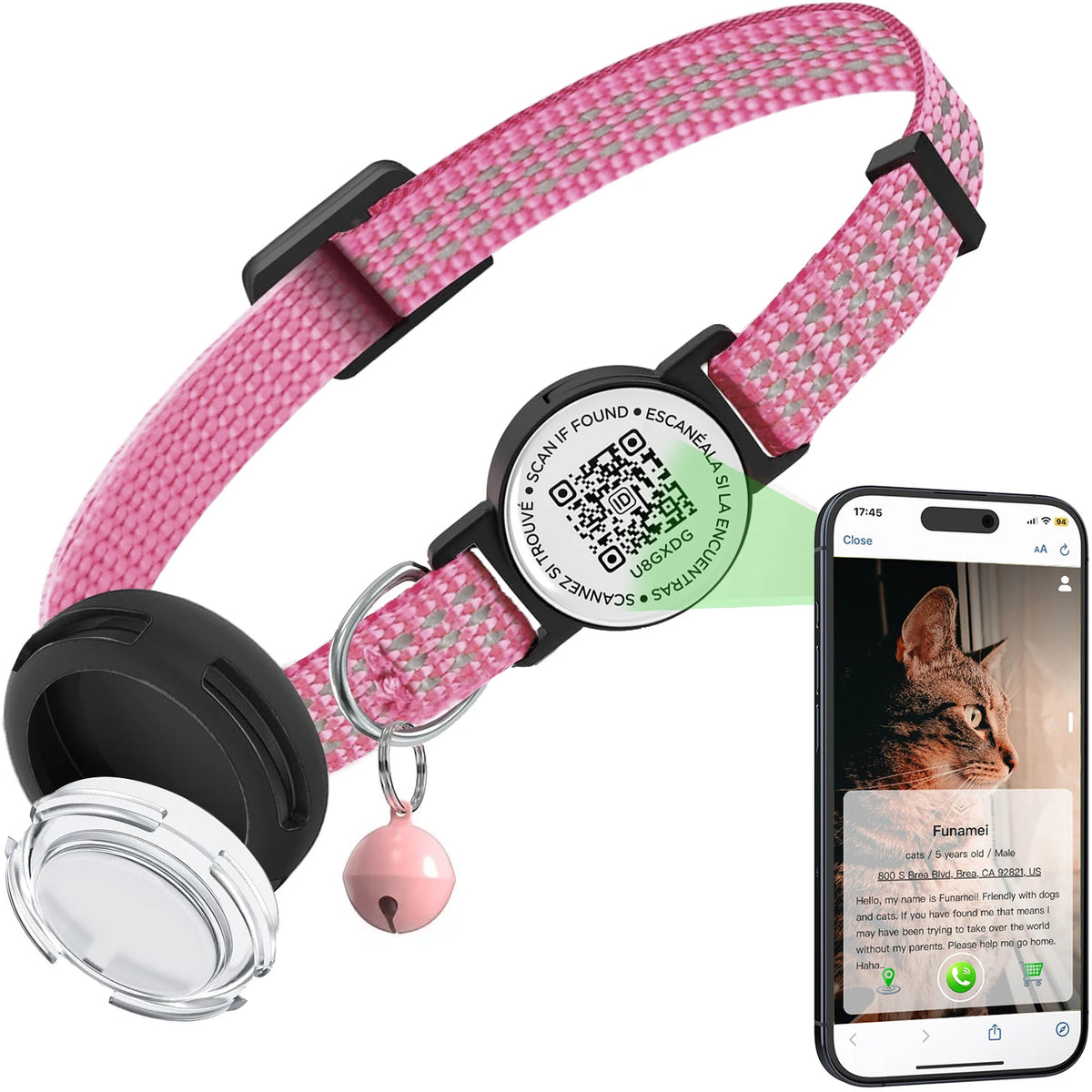 Anti-loss Cat Collar with Airtag Holder, Breakaway QR Code Tag Buckle, Adjustable kittens collar with for apple Air Tag case
