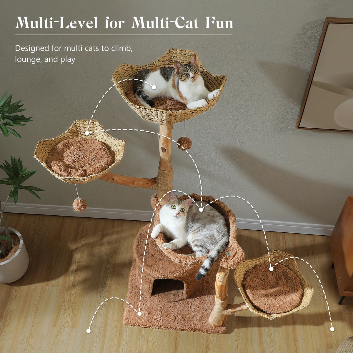 Large Cat Tree with Wicker Basket Bed