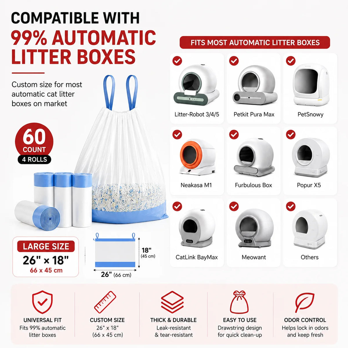 60-Pack Cat Litter Box Drawstring Liners