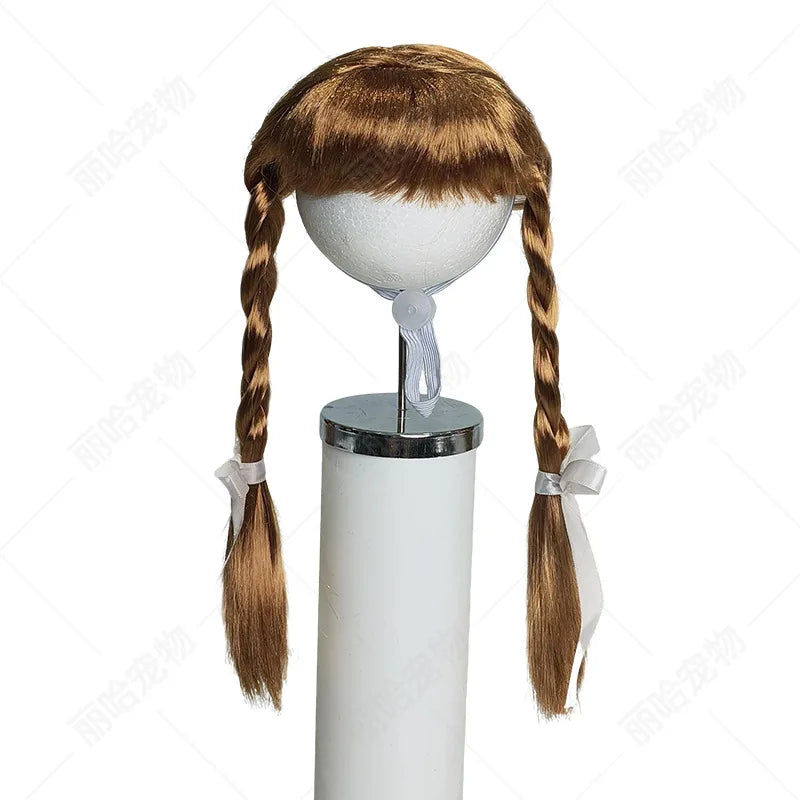 Pet Double Braids Wig Headpiece Hand Washable Costume Accessory for Small Dogs Cats Party Themed Photo Props