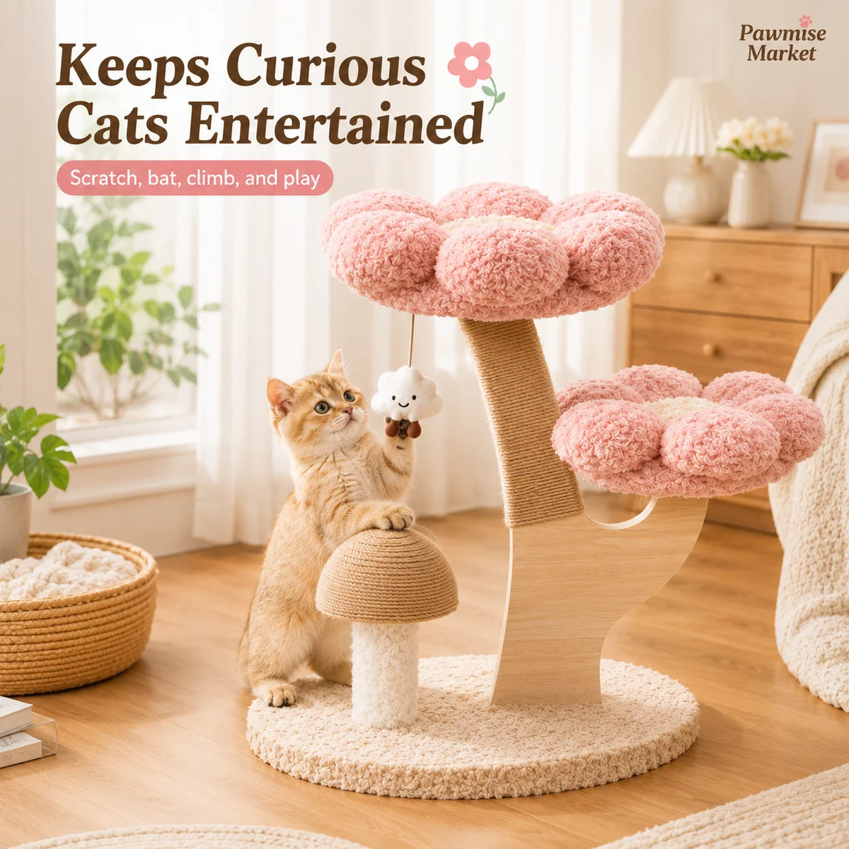 Pink Flower Cat Tree with Scratching Post