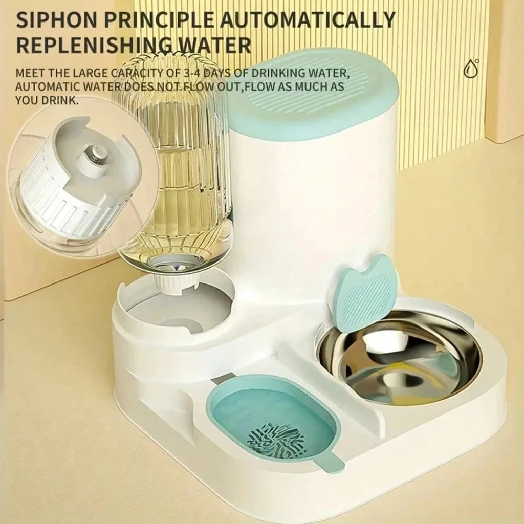 2-in-1 Automatic Pet Feeder & Water Dispenser with Stainless Steel Bowls, Siphon Replenishing & Hair Filter for Cats & Dogs