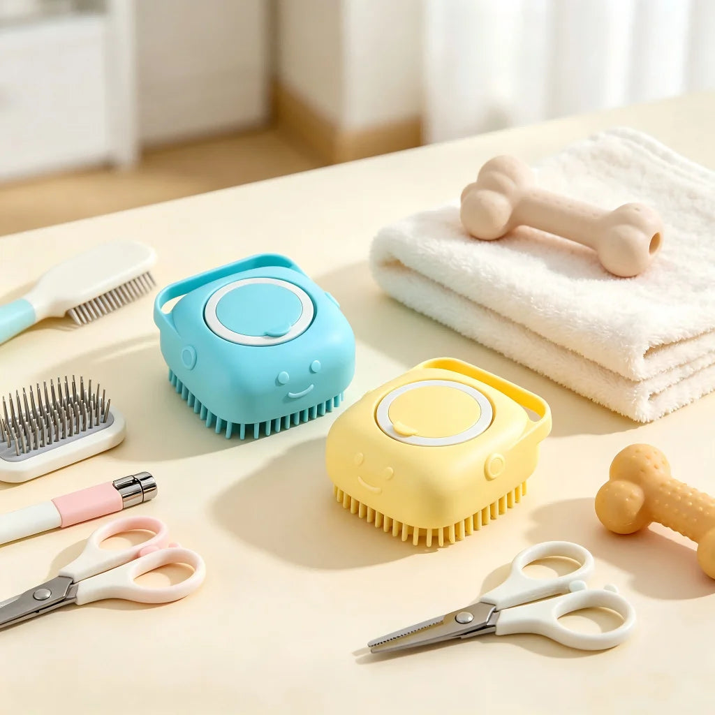 2Pcs Pet Bath Brush with Shampoo Dispenser – Soft Silicone Massage Brush, Rich Foam & Gentle Deep Cleaning for Dogs and Cats
