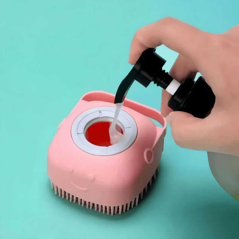 Pet Bath Massage Brush with Shampoo Container, Soft Silicone Bristles for Dogs Cats, Portable Grooming Tool for Deep Cleaning And Relaxation