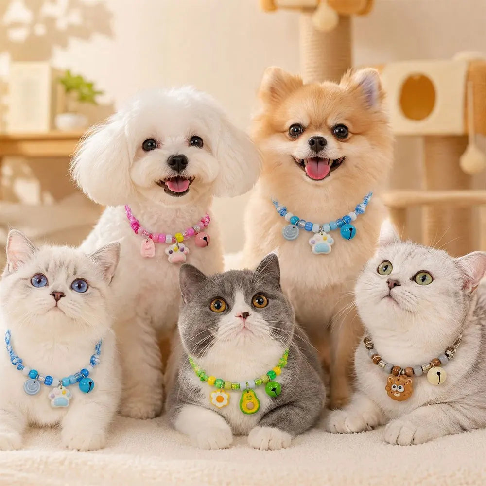 Kawaii Small Charm Pet Collar Colorful Braided Beaded Kitten Puppy Necklace With Bell Adjustable Safety Buckle Pet Decor Collar