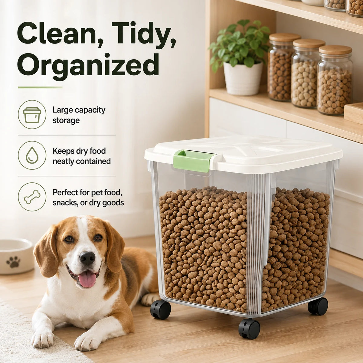 55Lbs Airtight Pet Food Storage Container with Wheels, Large Capacity Sealed Dog Cat Food Bin with Measuring Cup, Moisture Proof Rolling Pet Dry Food Storage Bucket for Dog Kibble Treats