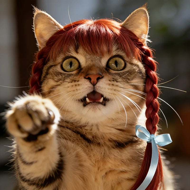 Pet Double Braids Wig Headpiece Hand Washable Costume Accessory for Small Dogs Cats Party Themed Photo Props