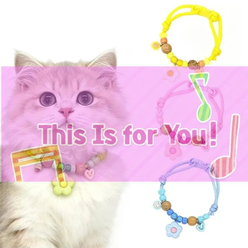 Kawaii Small Charm Pet Collar Colorful Braided Beaded Kitten Puppy Necklace With Bell Adjustable Safety Buckle Pet Decor Collar