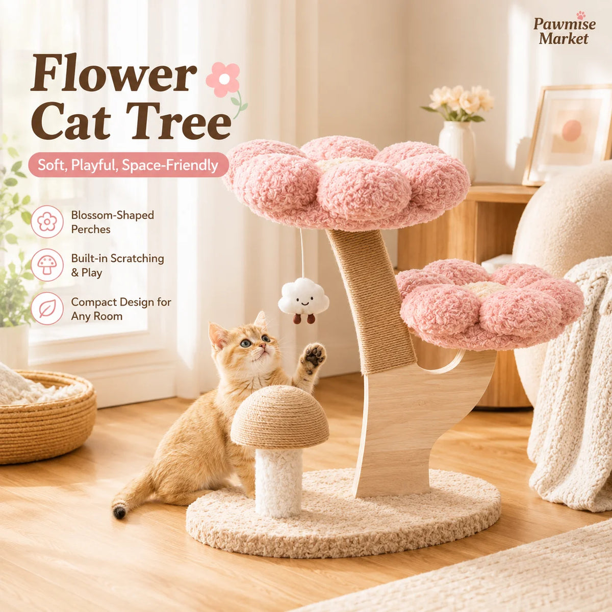 Pink Flower Cat Tree with Scratching Post