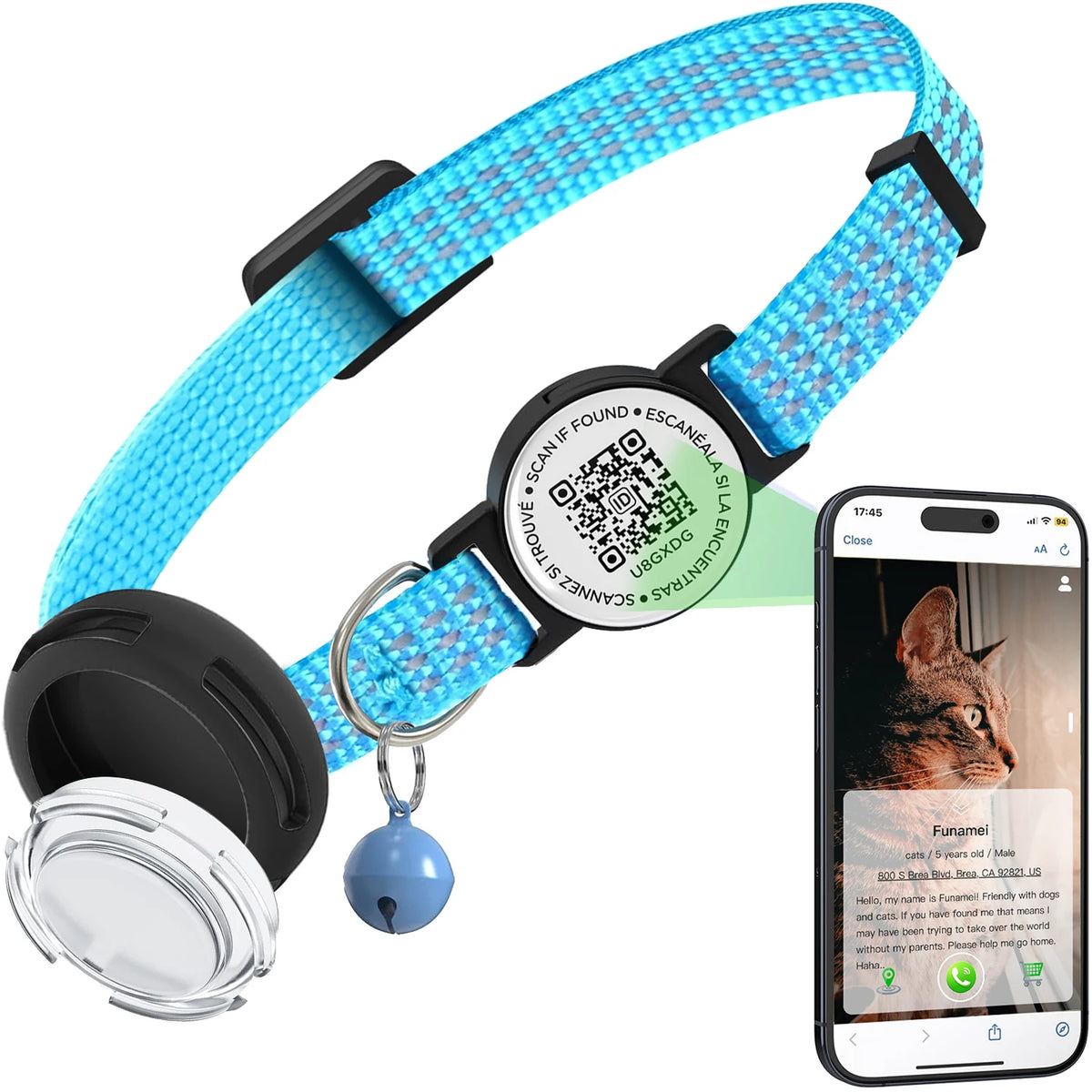 Anti-loss Cat Collar with Airtag Holder, Breakaway QR Code Tag Buckle, Adjustable kittens collar with for apple Air Tag case