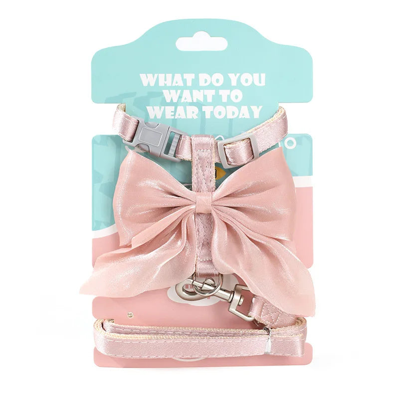 Cute Bowknot Cat Harness and Leash Adjustable Pet Harness with Traction Rope for Cat Kitten Puppy Rabbit Ferret