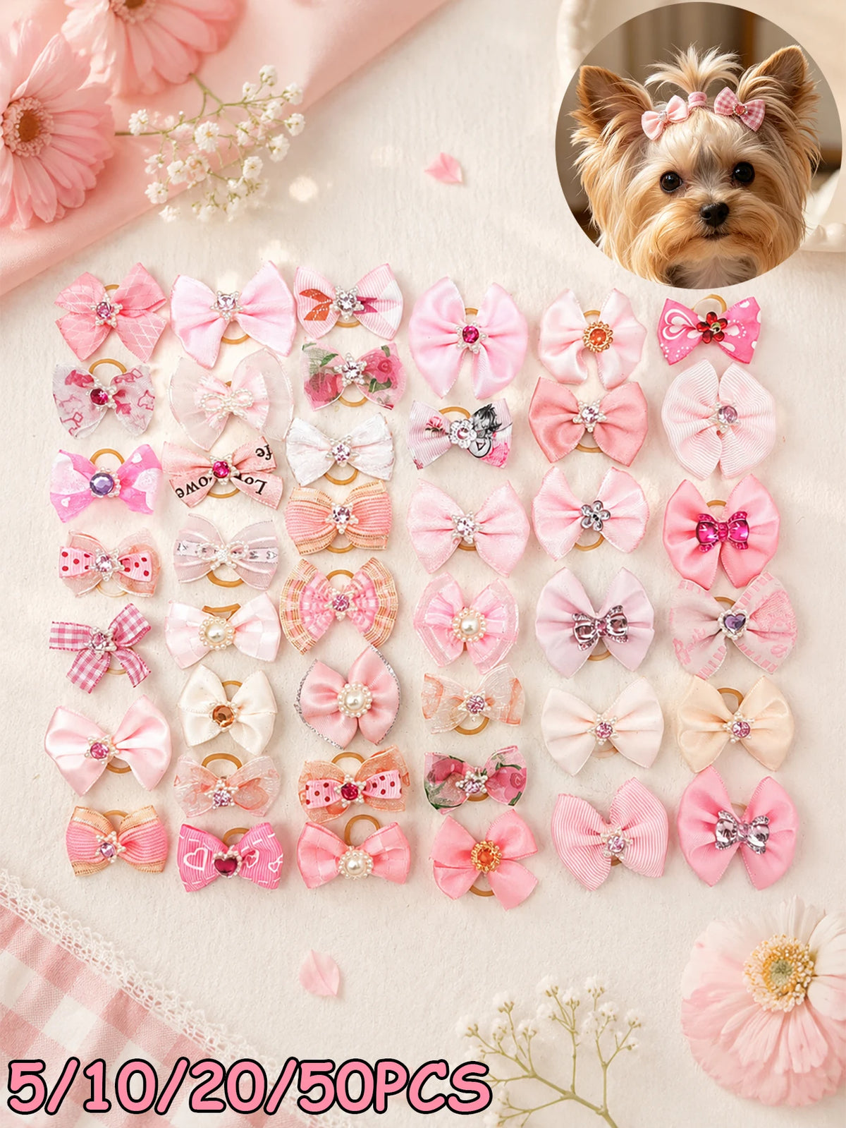 20 Pink Pet Rubber Band Hair Accessories, Bow-Knot Princess-Style Hair Ornaments, Suitable for Managing Long Pet Hair, Decorative