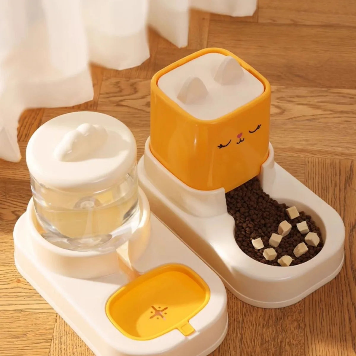 Cat water fountain, automatic feeder, flowing design, battery‑powered, wireless feeding and drinking, keeps pets’ faces dry—pet