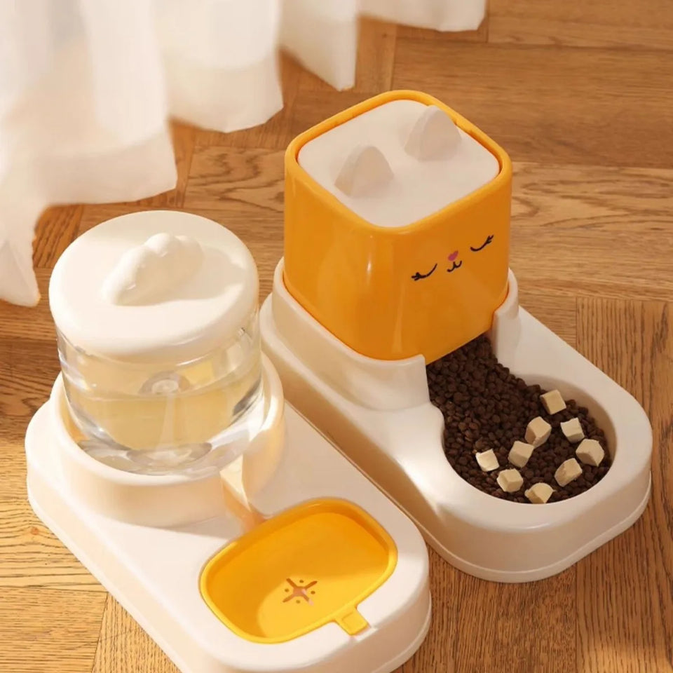 Cat water fountain, automatic feeder, flowing design, battery‑powered, wireless feeding and drinking, keeps pets’ faces dry—pet