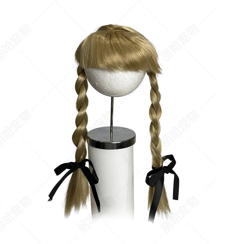Pet Double Braids Wig Headpiece Hand Washable Costume Accessory for Small Dogs Cats Party Themed Photo Props