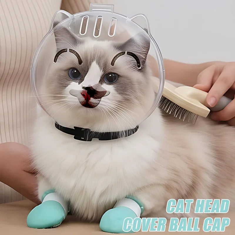 Cat Head Cover Pet Grooming Cover Accessory Cat Anti Bite Anti Licking Space Hood Breathable Helmet with 4 Silicone Paw Shoes