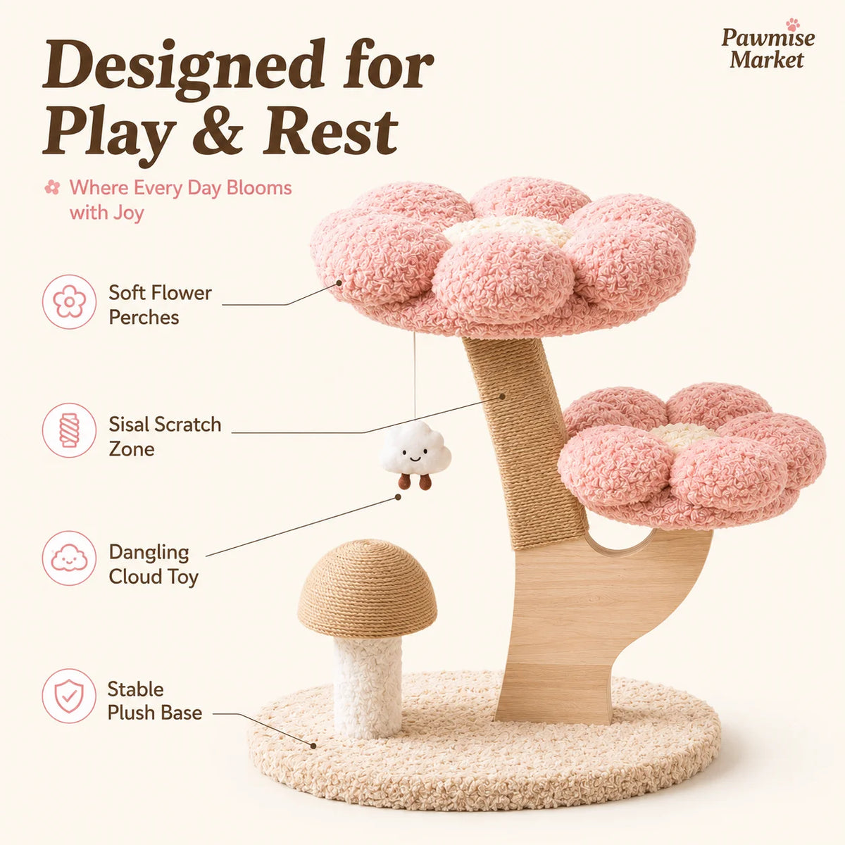 Pink Flower Cat Tree with Scratching Post