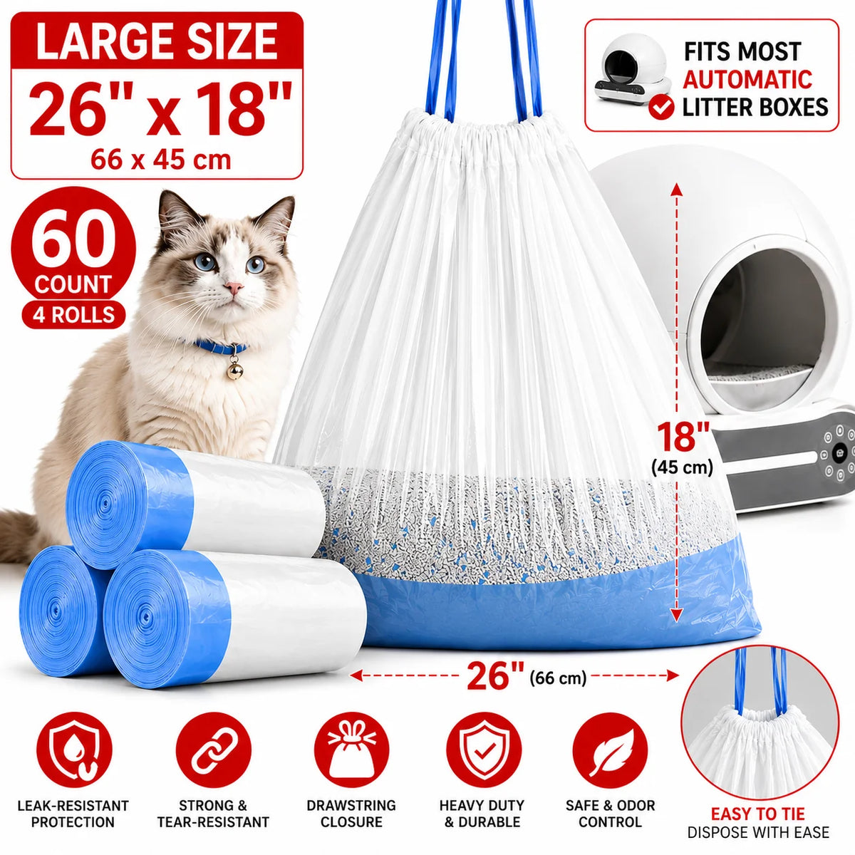60-Pack Cat Litter Box Drawstring Liners