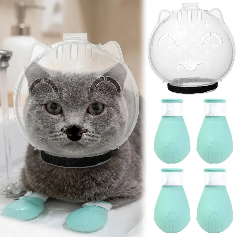 Cat Head Cover Pet Grooming Cover Accessory Cat Anti Bite Anti Licking Space Hood Breathable Helmet with 4 Silicone Paw Shoes