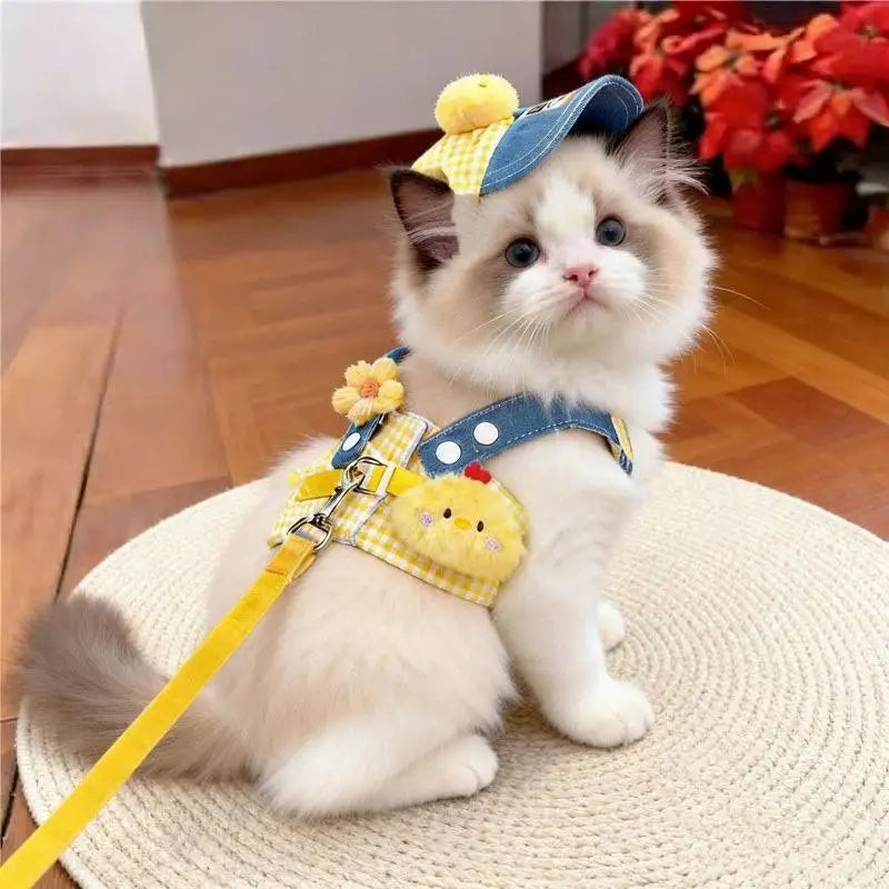 Cute Pet Collars Dog Cat Hat Spring/Summer Outing Sunshade Hat Cute Chest Strap Vest Dog Harness and Leash Set Puppy Accessories