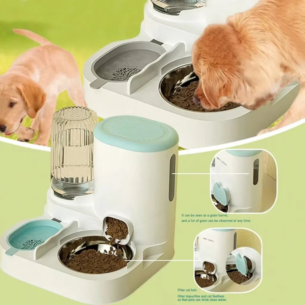 2-in-1 Automatic Pet Feeder & Water Dispenser with Stainless Steel Bowls, Siphon Replenishing & Hair Filter for Cats & Dogs