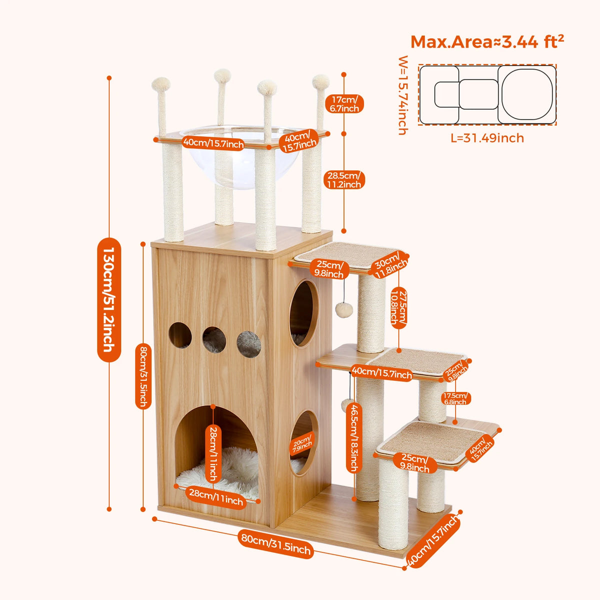 Multi-Level Wood Cat Tree with Condo & Hammock