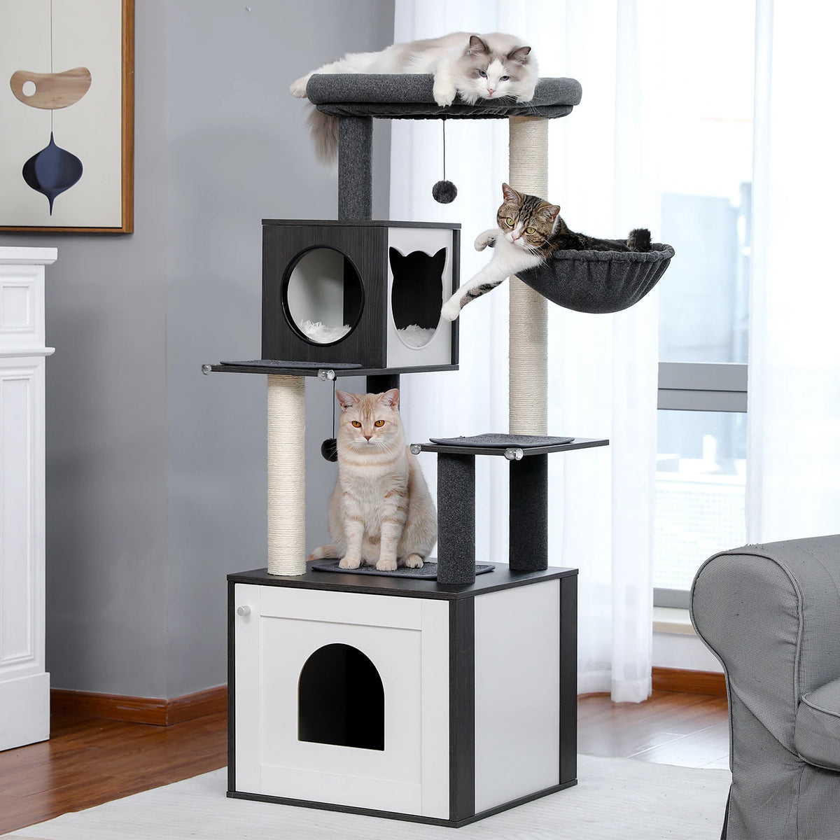 Multi-Level Wood Cat Tree with Condo & Hammock
