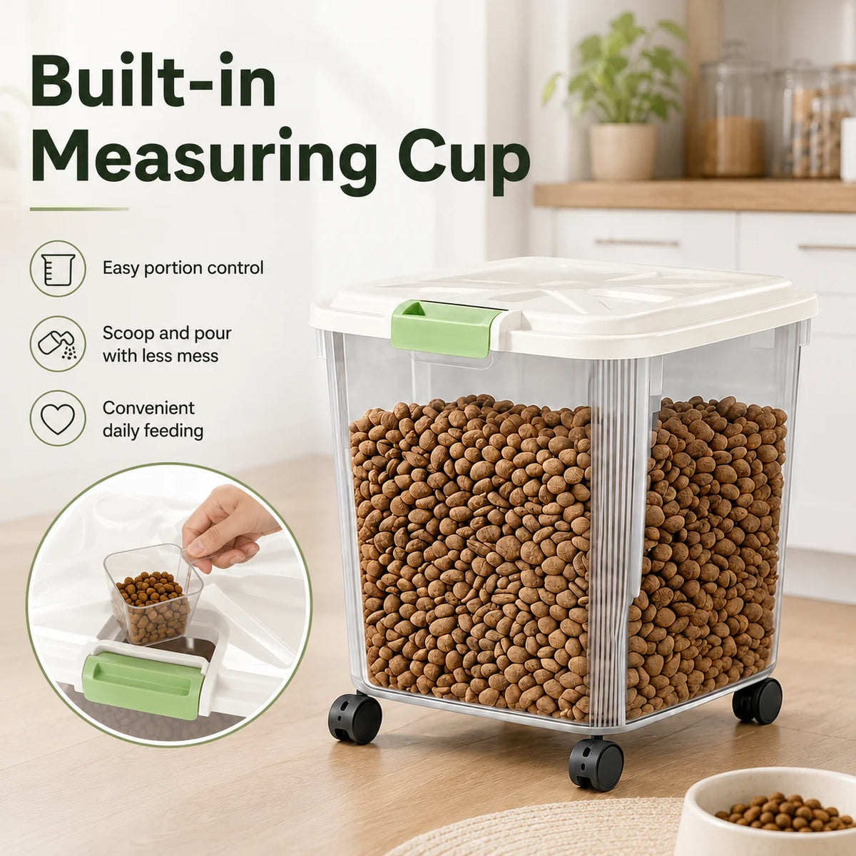 55Lbs Airtight Pet Food Storage Container with Wheels, Large Capacity Sealed Dog Cat Food Bin with Measuring Cup, Moisture Proof Rolling Pet Dry Food Storage Bucket for Dog Kibble Treats